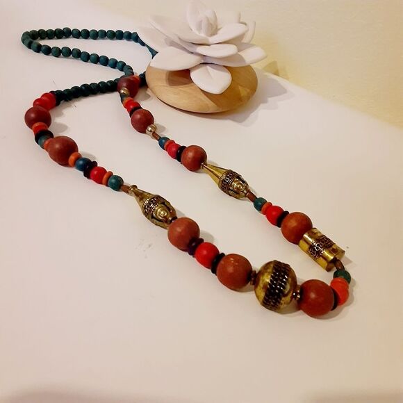 📿VINTAGE 70'S WOODEN BRASS BOHO HIPPIE STYLE NECKLACE 📿 - Picture 11 of 11